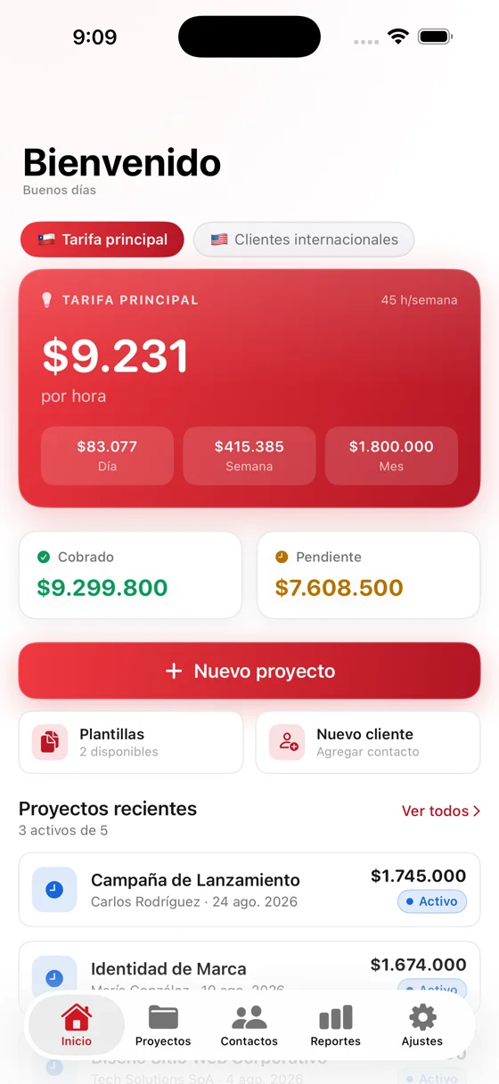 Pantalla de inicio de CuantoCobro con el valor hora calculado
