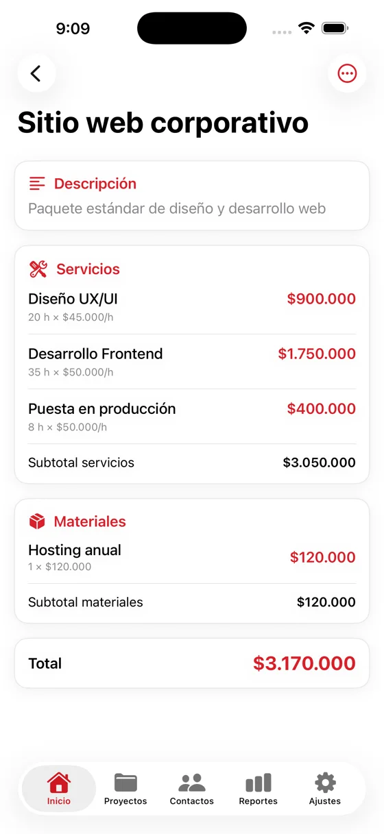 Detalle de una cotización con servicios, materiales y total