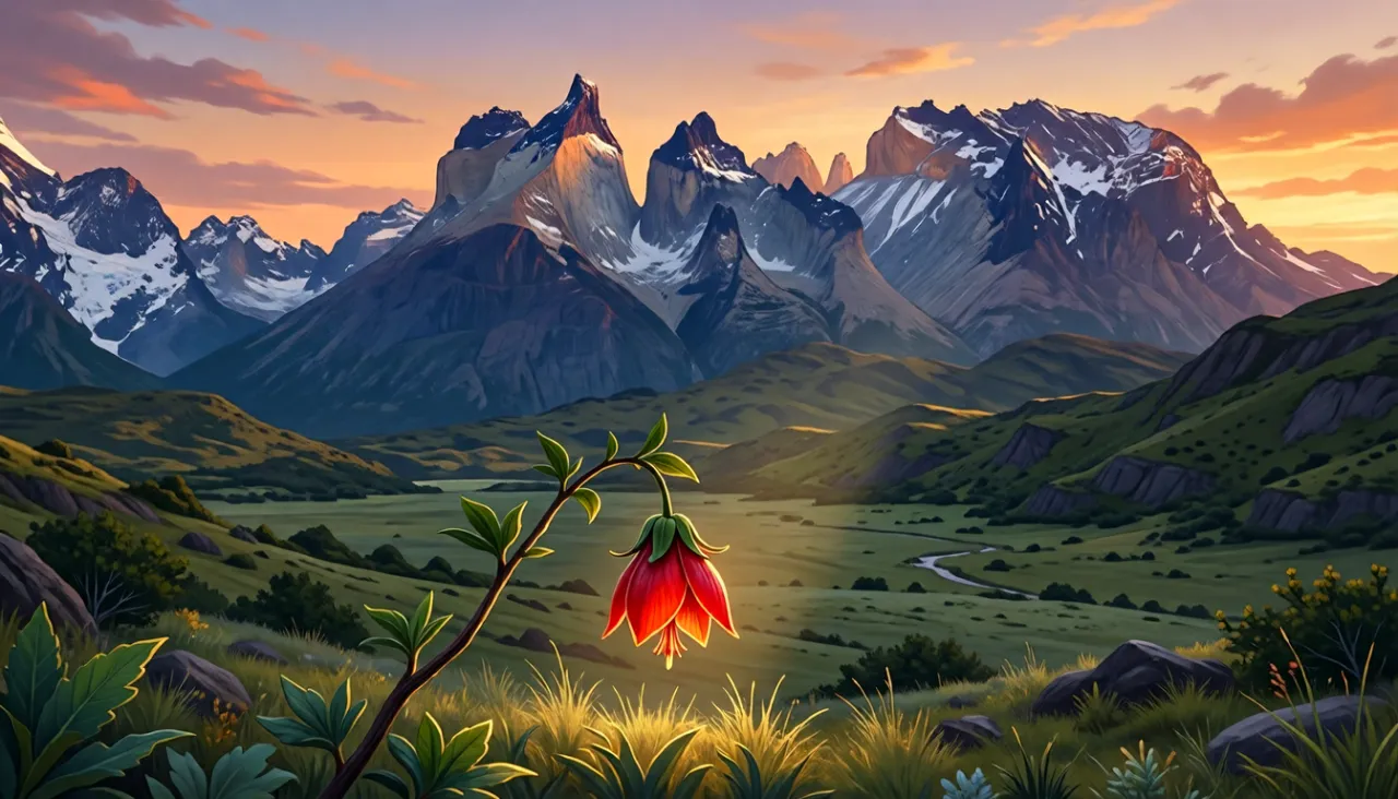 Andes al atardecer con copihue