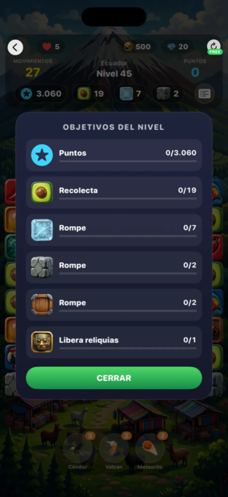 Pantalla de objetivos